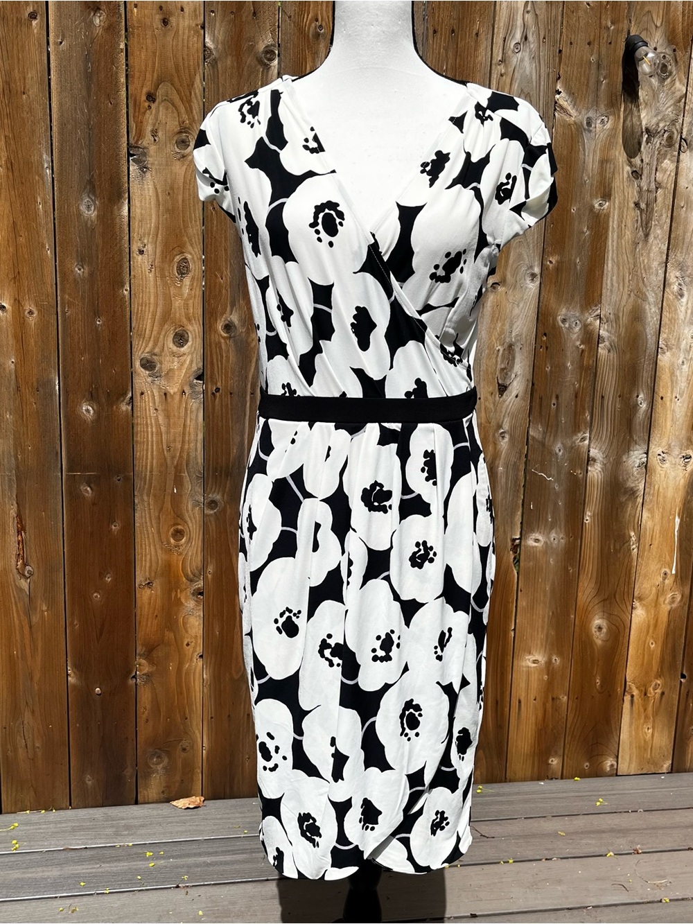 New York & Company Stretch Black and White Floral Wrap Midi Dress